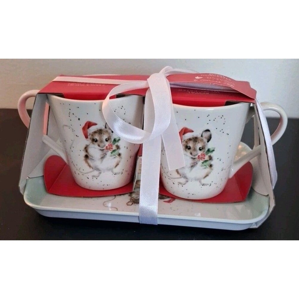 WRENDALE DESIGN HOLLY JOLLY CHRISTMAS Porcelain 2 Mugs & Melamine Tray Set